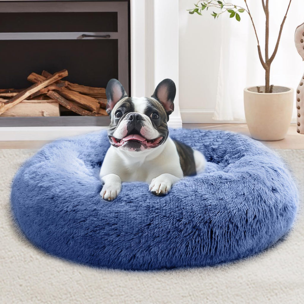 JOLLYVOGUE Calming Small Dog & Cat Bed for Indoor Cats - 20 inches Washable Donut Bed for Kittens & Puppies, Anti-Anxiety Round Fluffy Plush Pet Beds (Fits up to 15 lbs, Navy Blue)