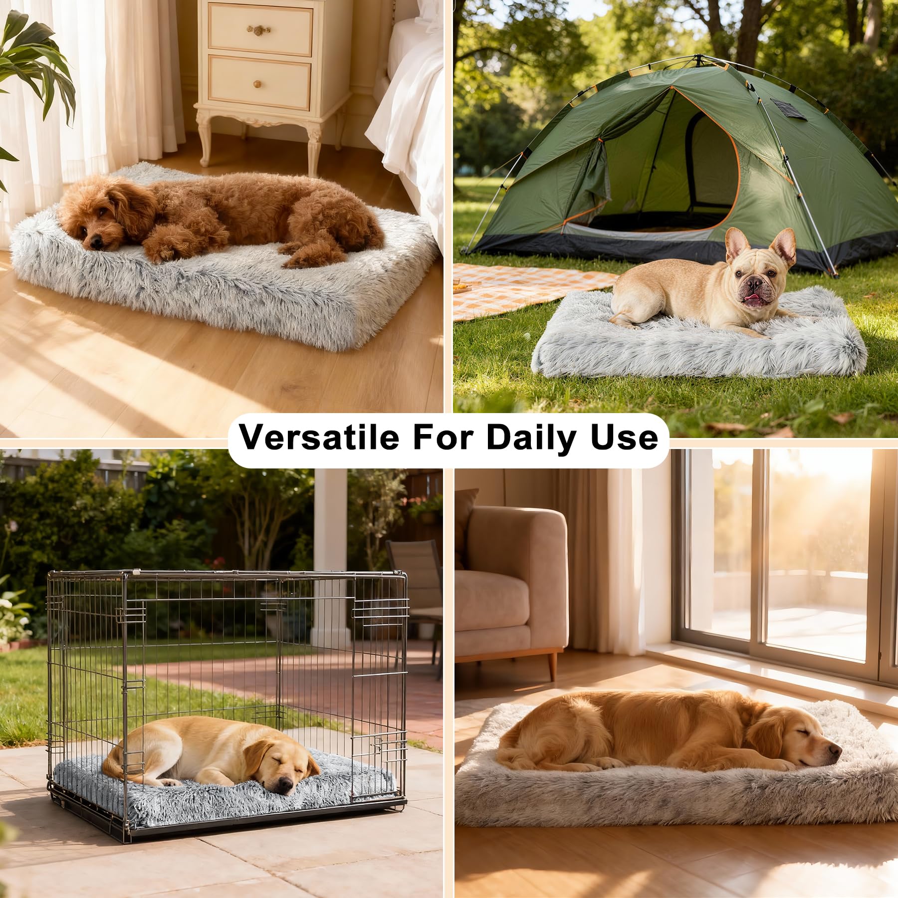 Fluffy Orthopedic Dog Beds for Large Dogs with Washable Removable Cover Dog Crate Bed Egg Crate Foam Support Plush Pet Pad Mat with Anti-Slip Bottom (42 * 28,Khaki)