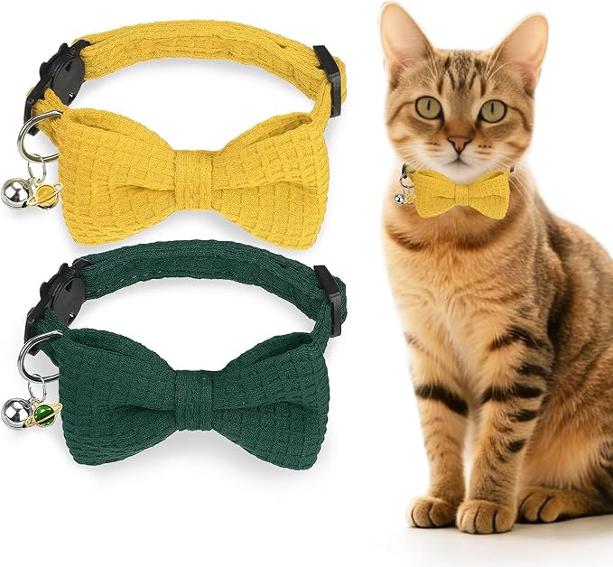 DILLYBUD Cat Collar Breakaway with Bells, Soft Cotton Pink Cat Bowtie Collar for Girl Cats, Small Cats Collar with Bow for Spring Summer, 2 Pack Cute Kitten Collars with Removable Bowtie 8-12Inch