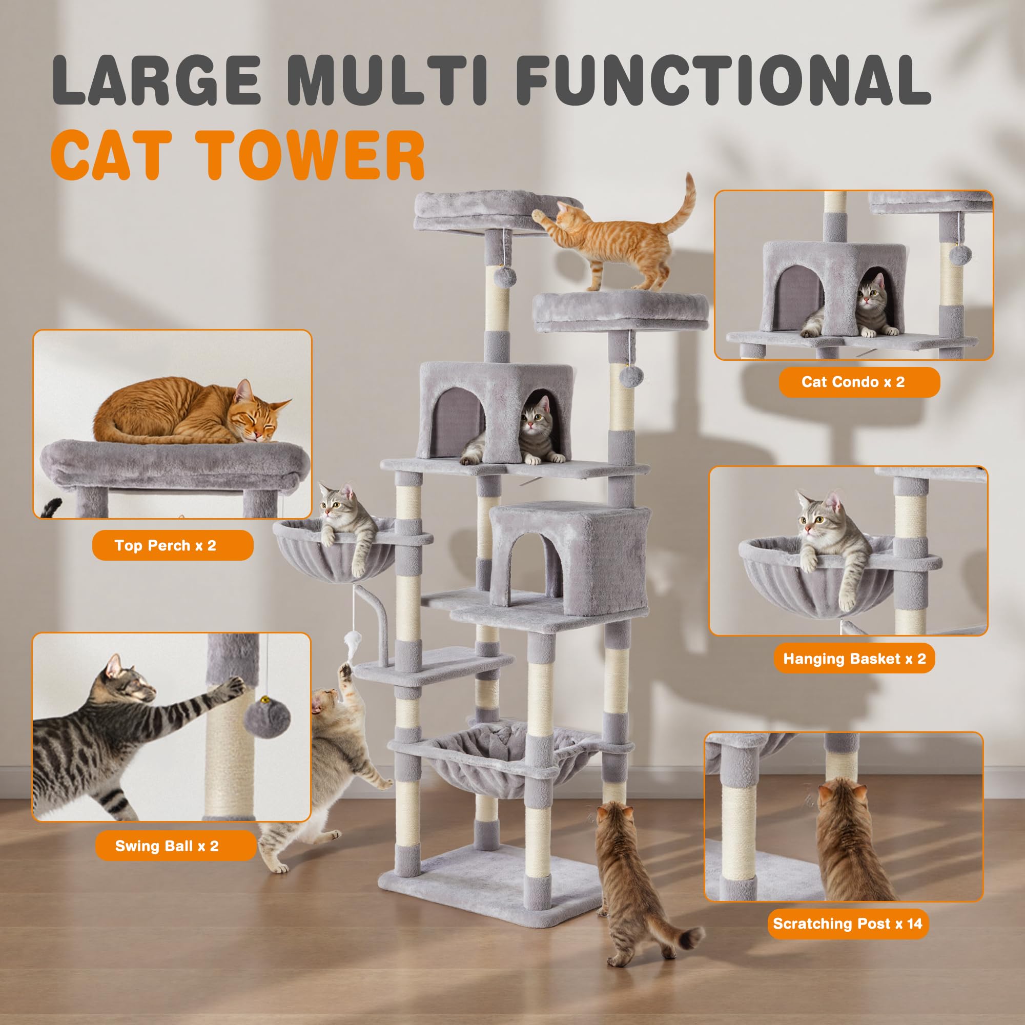 Sweetcrispy 71 Inch Cat Tree Tower with Natural Sisal Scratching Post