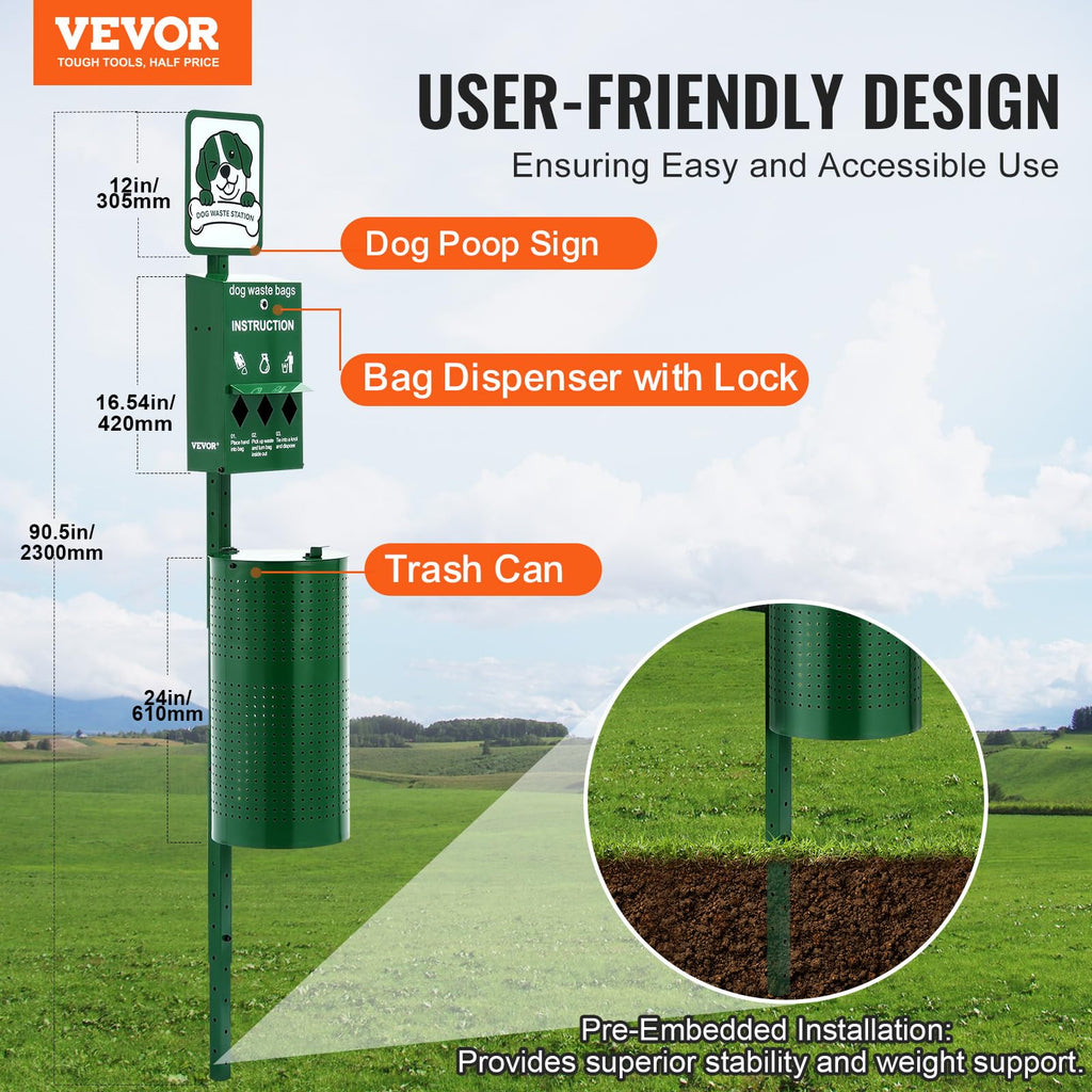 VEVOR Dog Waste Station, 11.5 Gallon Pet Waste Station with Lockable Bag Dispenser, 50 Can Liners & 600 Waste Bags, Outdoor Pet Poop Station for Apartments, Parks, Backyard, Dog Waste Disposal System