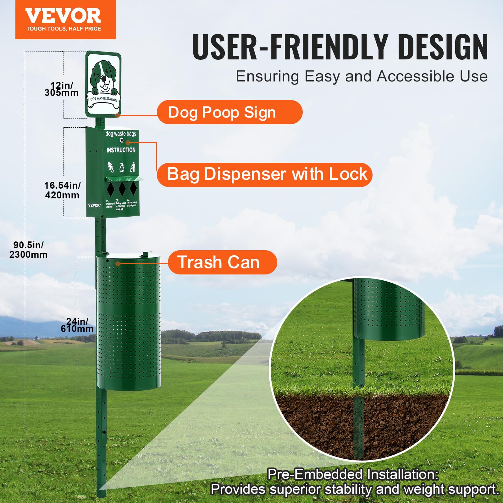 VEVOR Dog Waste Station, 11.5 Gallon Pet Waste Station with Lockable Bag Dispenser, 50 Can Liners & 600 Waste Bags, Outdoor Pet Poop Station for Apartments, Parks, Backyard, Dog Waste Disposal System
