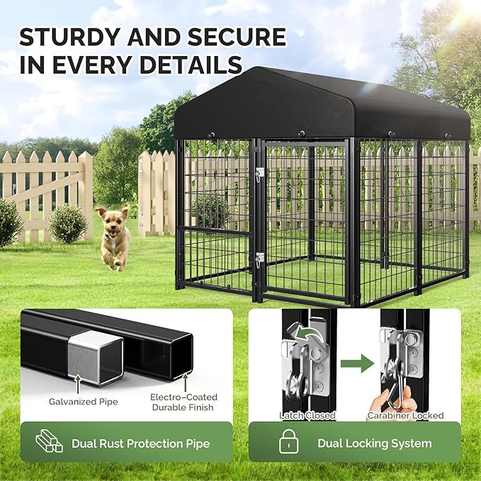 Sino Luban 2PCS Outdoor Dog Kennel Outside Run with Doggy Door&Waterproof Roof - 4x4x4.6FT Large Dog Kennels Pens Outside for Small/Medium Dogs - Heavy Duty Cage Yard (Can Connect to Your Dog House)
