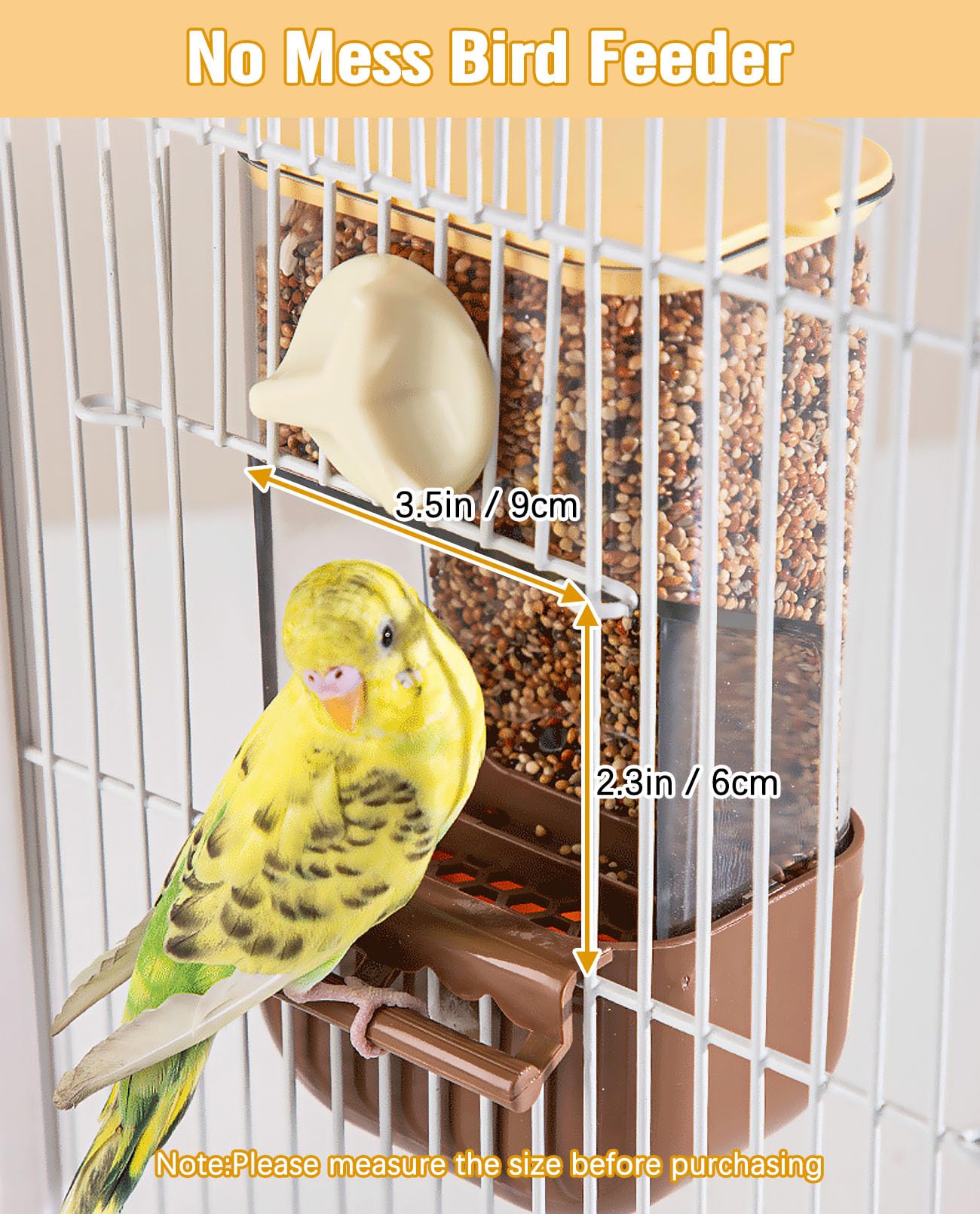 BNOSDM No Mess Bird Automatic Feeder Bird Cage Feeders Parrot Cage Accessories Transparent Seed Food Container with Perch for Finches, Parakeets, Budgies, Lovebirds, Cockatoos, Canaries (Brown)