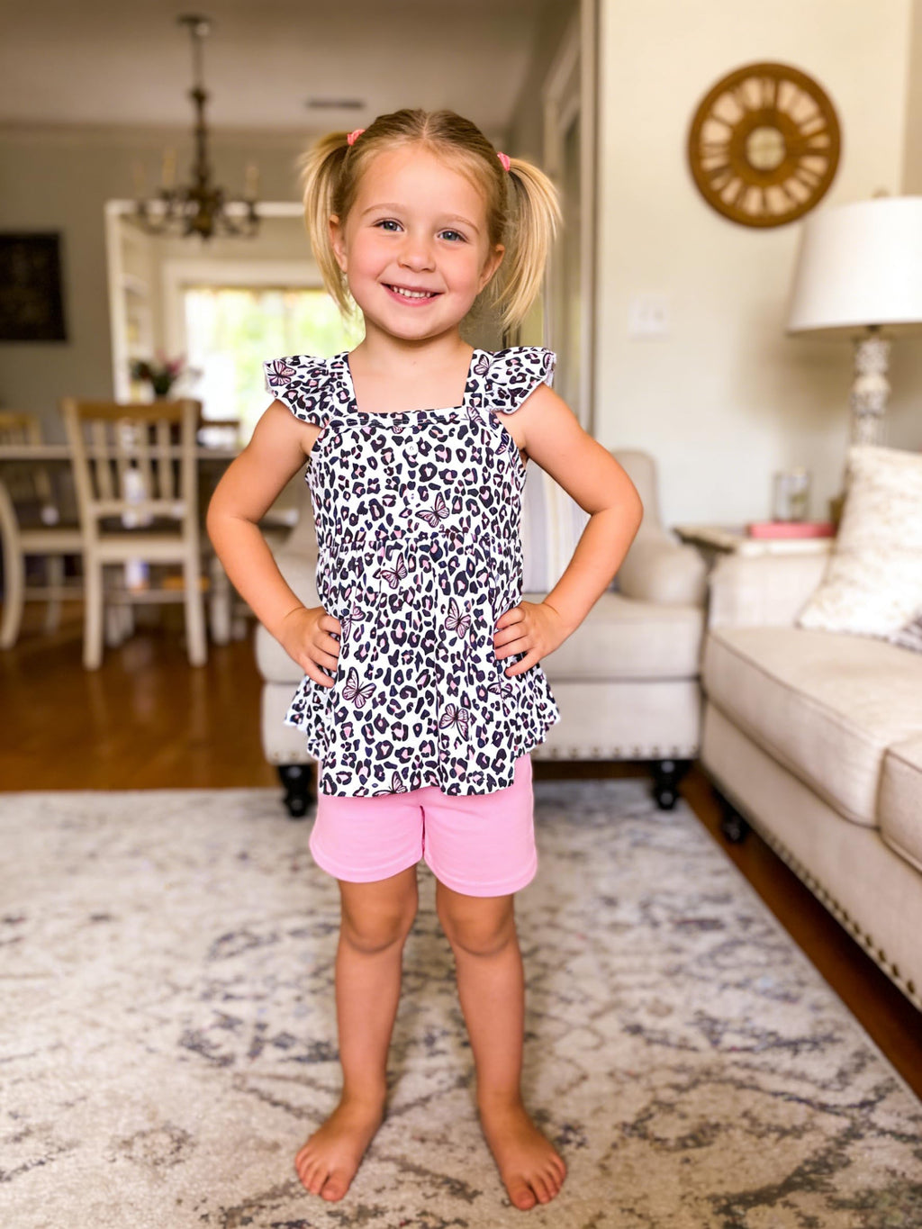 Popshion Girl's Summer 2 Piece Leopard Outfits Flutter Sleeve Butterfly Tank Top and and Cute Summer Short Set Toddler Clothing Set Size 4t/6657