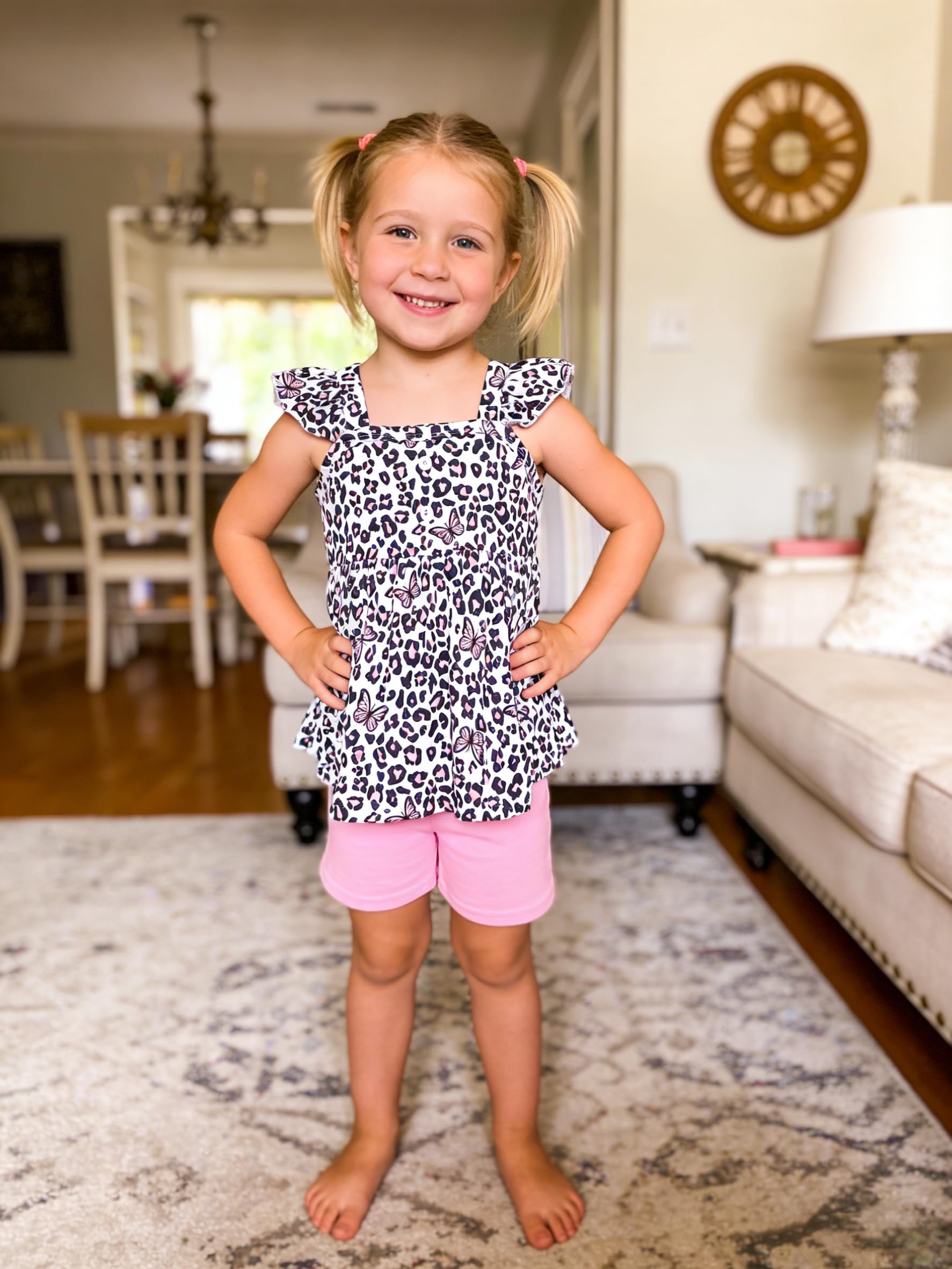 Popshion Girl's Summer 2 Piece Leopard Outfits Flutter Sleeve Butterfly Tank Top and and Cute Summer Short Set Toddler Clothing Set Size 4t/6657
