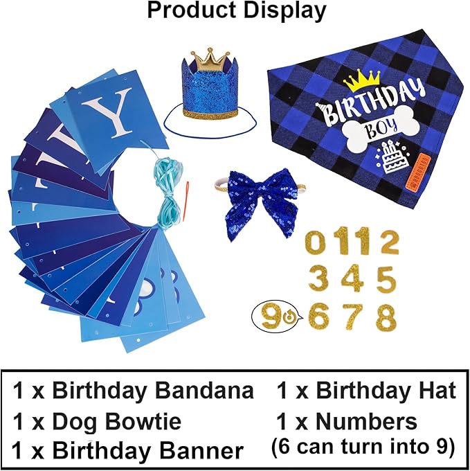 ADOGGYGO Dog Birthday Hat Bandana - Navy Blue Birthday Boy Dog Bandana Pet Party Hat with Numbers Bow and Happy Birthday Banner Set (Large)