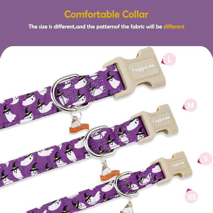 Faygarsle Halloween Dog Collar with Charm, Purple with Ghost Pattern, Adjustable Pet Collar for Small Medium Large Dogs, M