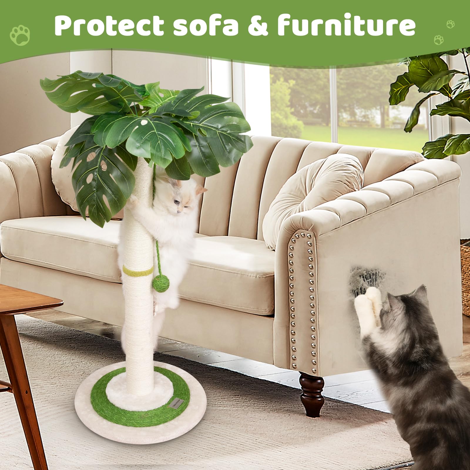 Meowoou Cat Scratching Post for Space-Saving,35” Tall Modern Monstera 3 Layer Cat Tree Tower with Sisal Rope Hanging Interactive Ball for Indoor Cats and Kitten Climbing,Play & Rest