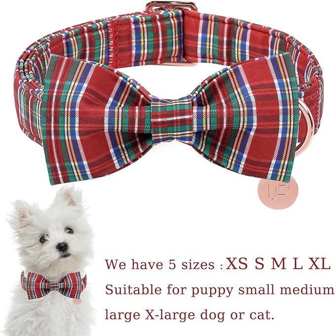 Christmas Plaid Dog Collar with Bow, Red and Blue Check Adjustable Pet Collar with Quick Release, Christmas Stripes Bowtie Collar for Small Medium Large Dogs XL