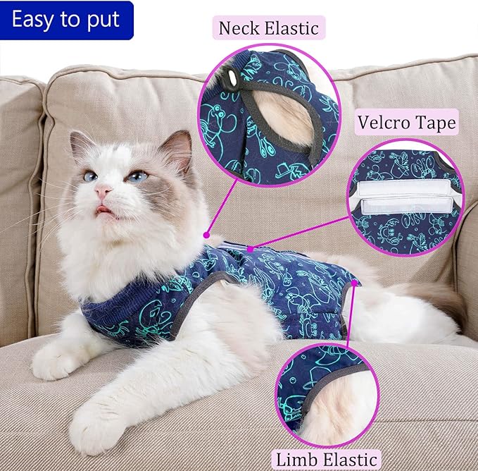 kzrfojy Cat Surgery Recovery Suit Cat Onesie for Cats After Surgery for Surgical Abdominal Wound Or Skin Diseases E-Collar Alternative Wear Neutering Bodysuit Wear (Dark-Blue-S)