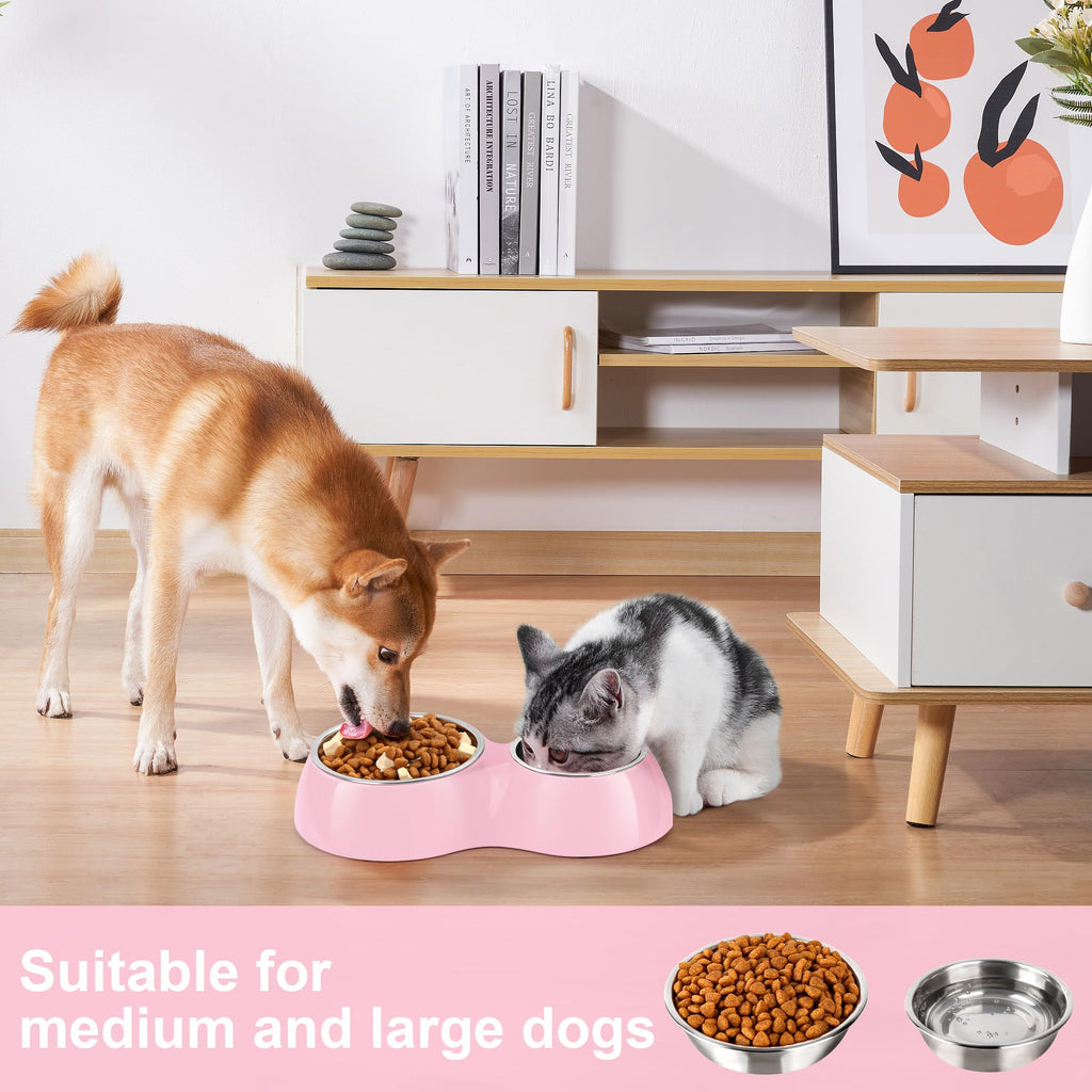 PetVillage Elevated Dog Bowls Set - Non-Slip Raised Pet Feeder with Medium (10 oz) & Large (20 oz) Stainless Steel Bowls - Includes Durable Resin Stand for Corgi Puppies and Adult Cats - Pink