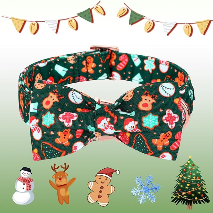 Bobo Rainbow Christmas Dog Collar, Cute Winter Holiday Collars Green Christmas Tree and Snowman Print Metal Buckle Collar Adjustable Sturdy Collars for X-Small Girl Boy Dogs