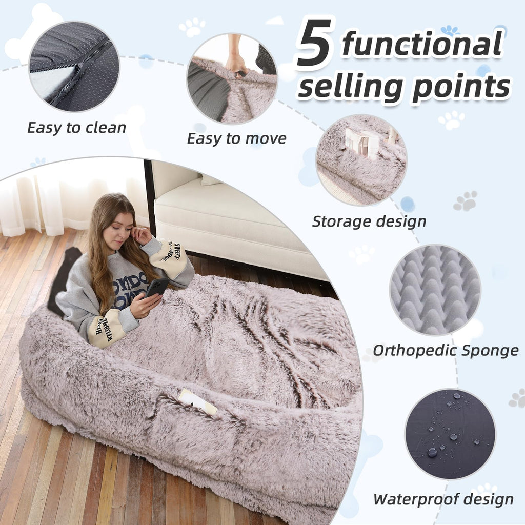 Human Dog Bed, 71''x45''x12'' Size Fits You and Pets, Washable Faux Fur Pet Bed for People Doze Off, Napping Orthopedic Dog Bed, Present Plump Pillow, Blanket, Strap - RustWhite