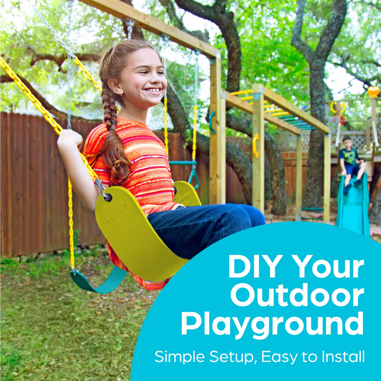 Jungle Gym Kingdom Swing for Outdoor Swing Set - Swing Seat Replacement Kit with Heavy Duty Chains - Backyard Swingset Playground Accessories for Kids - Yellow, 1 Pack