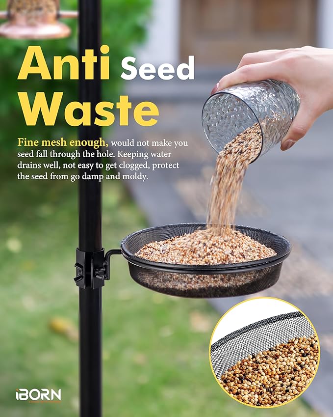 iBorn Bird Feeders Station Mesh Tray and Ring for 1” Pole Stand Station Outdoor Accessory for Humming Bird Feeders for Outside,5SECOND to Install,Fit for 1 Inch Pole,1 Inch Wooden Stick,Pack of 2