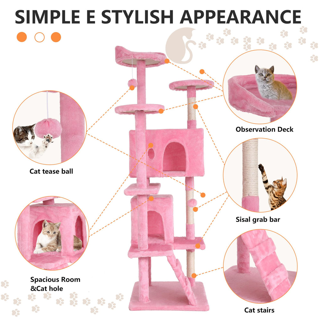 BestPet | 70" Cat Tree Tower | Pink | Sturdy, Easy to Assemble, Multi-Level Activity Center with Sisal Scratching Posts, Condos, Perches, Hanging Cat Toys, Observation Decks & Ladder