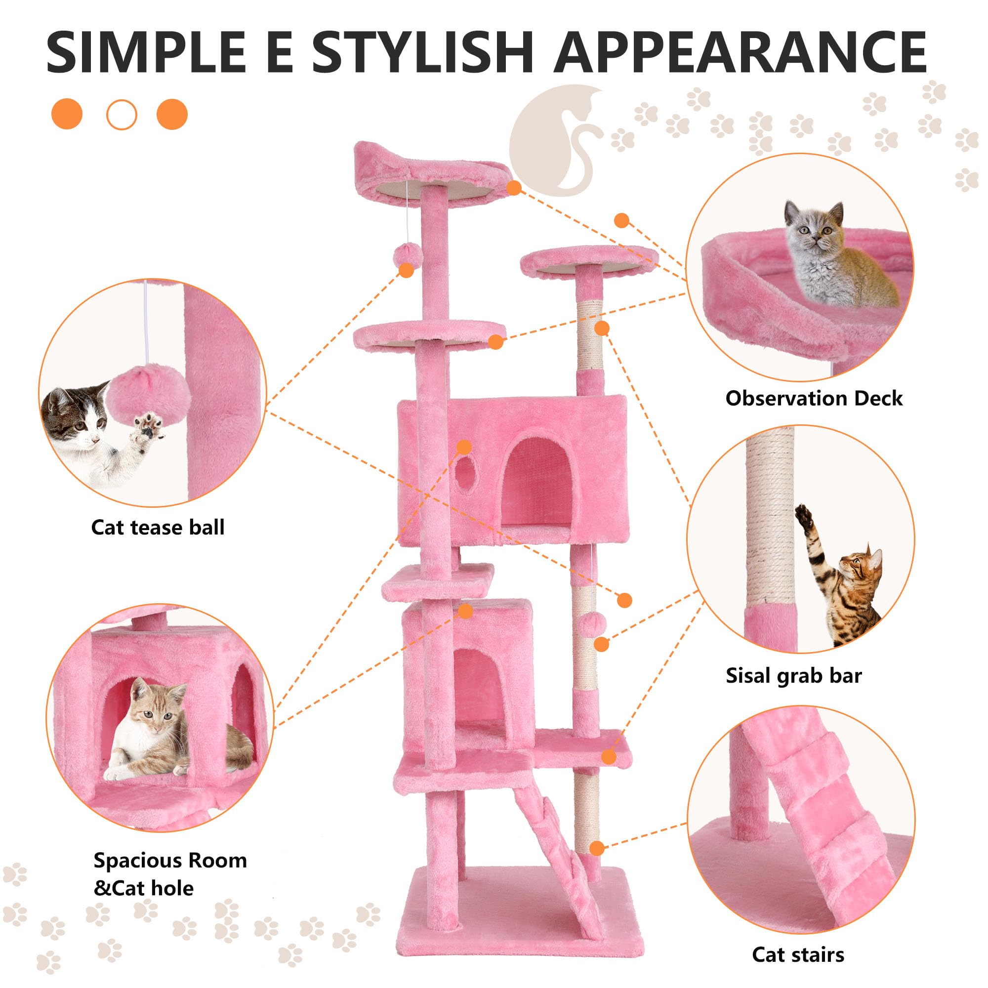 BestPet | 70" Cat Tree Tower | Pink | Sturdy, Easy to Assemble, Multi-Level Activity Center with Sisal Scratching Posts, Condos, Perches, Hanging Cat Toys, Observation Decks & Ladder