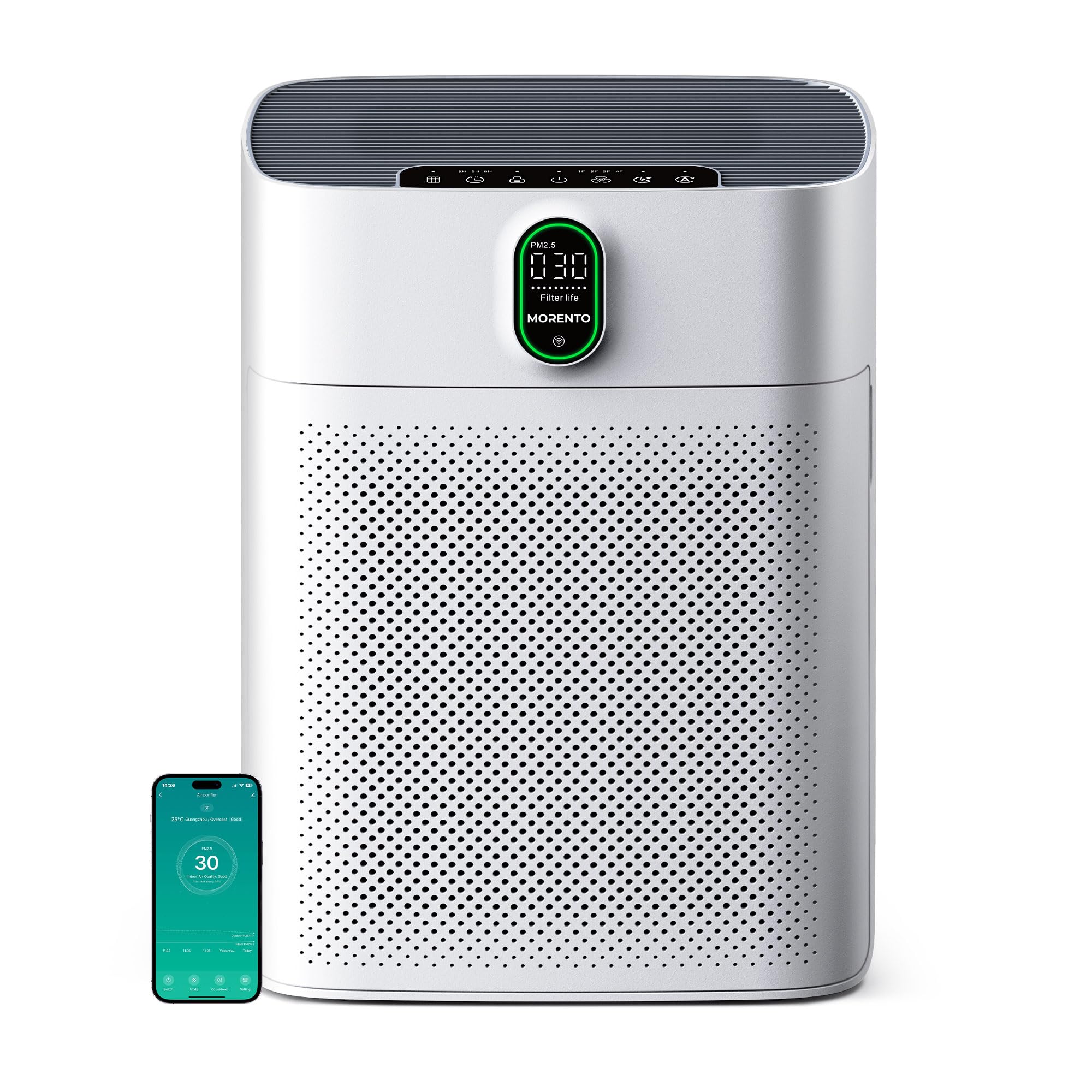 MORENTO Air Purifier for Home Large Room Bedroom Up to 1076 ft², Wi-Fi and Alexa Control, PM2.5 Air Quality Monitor, Auto Mode, HEPA Filter Removes Dust, Pollen, Smoke 1 Pack, White