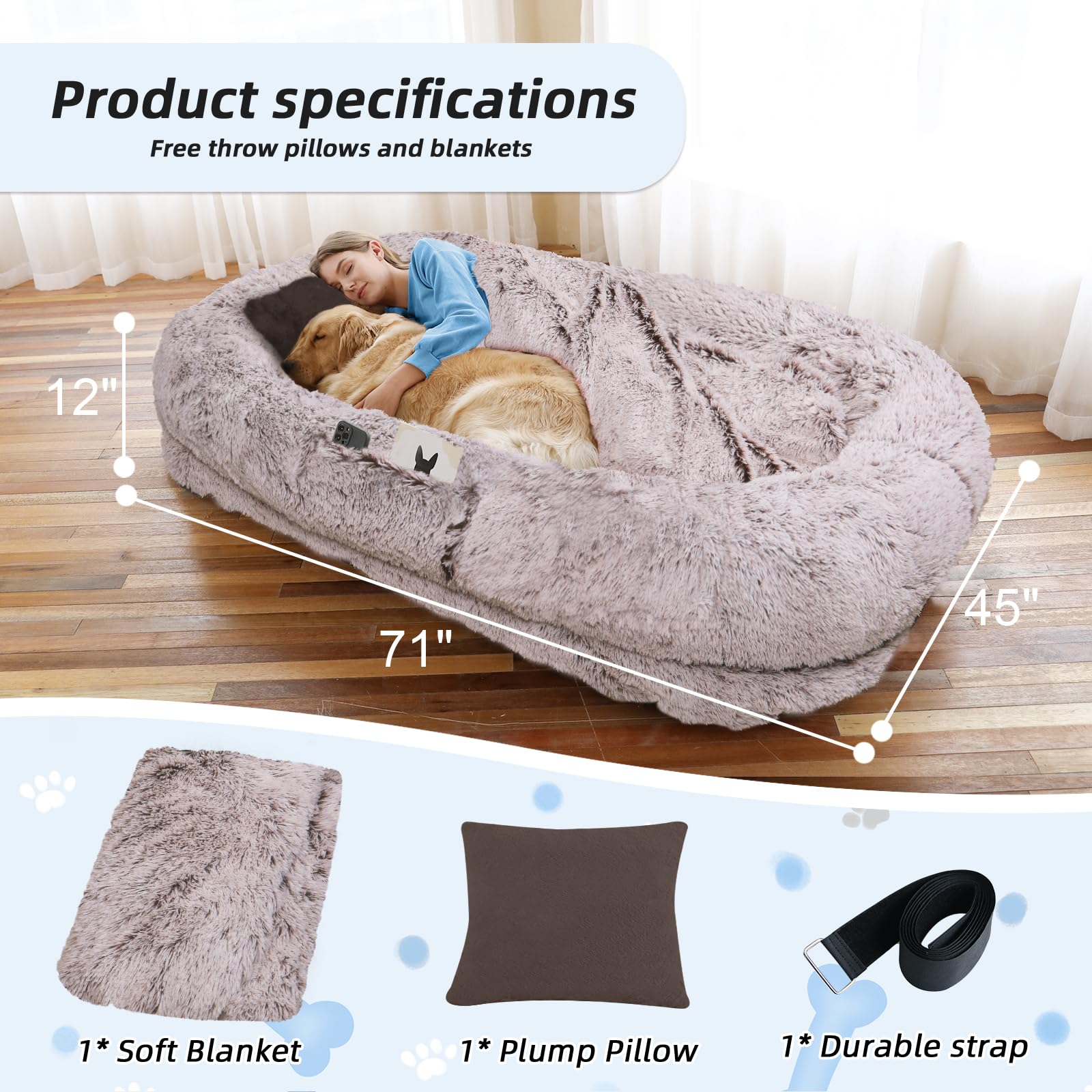 Human Dog Bed, 71''x45''x12'' Size Fits You and Pets, Washable Faux Fur Pet Bed for People Doze Off, Napping Orthopedic Dog Bed, Present Plump Pillow, Blanket, Strap - RustWhite