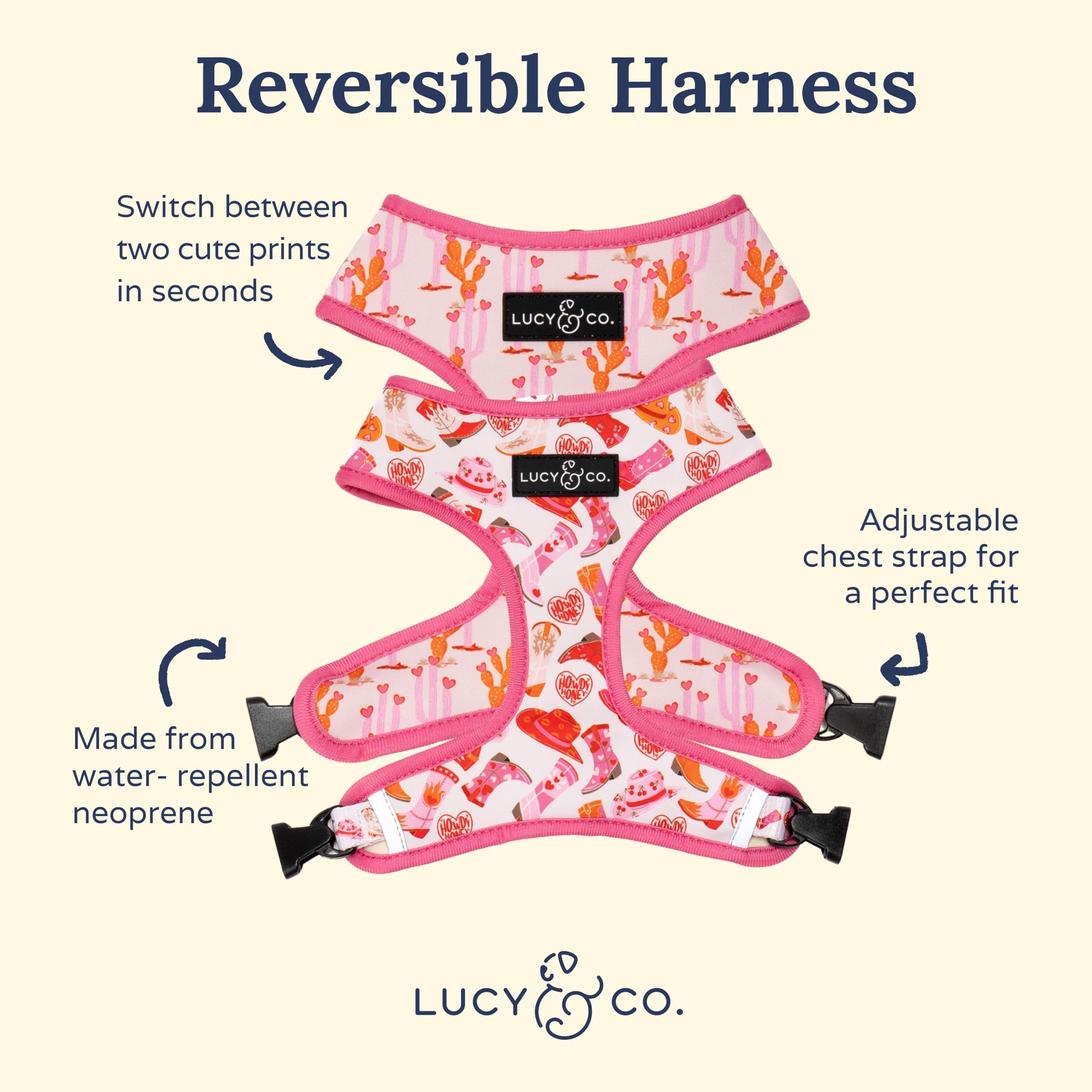 Lucy & Co. Reversible Dog Harness - Water-Repellent Neoprene, Dual-Print Design, Easy Swap Style, Adjustable Comfort Fit - Howdy Honey Reversible Harness - Small