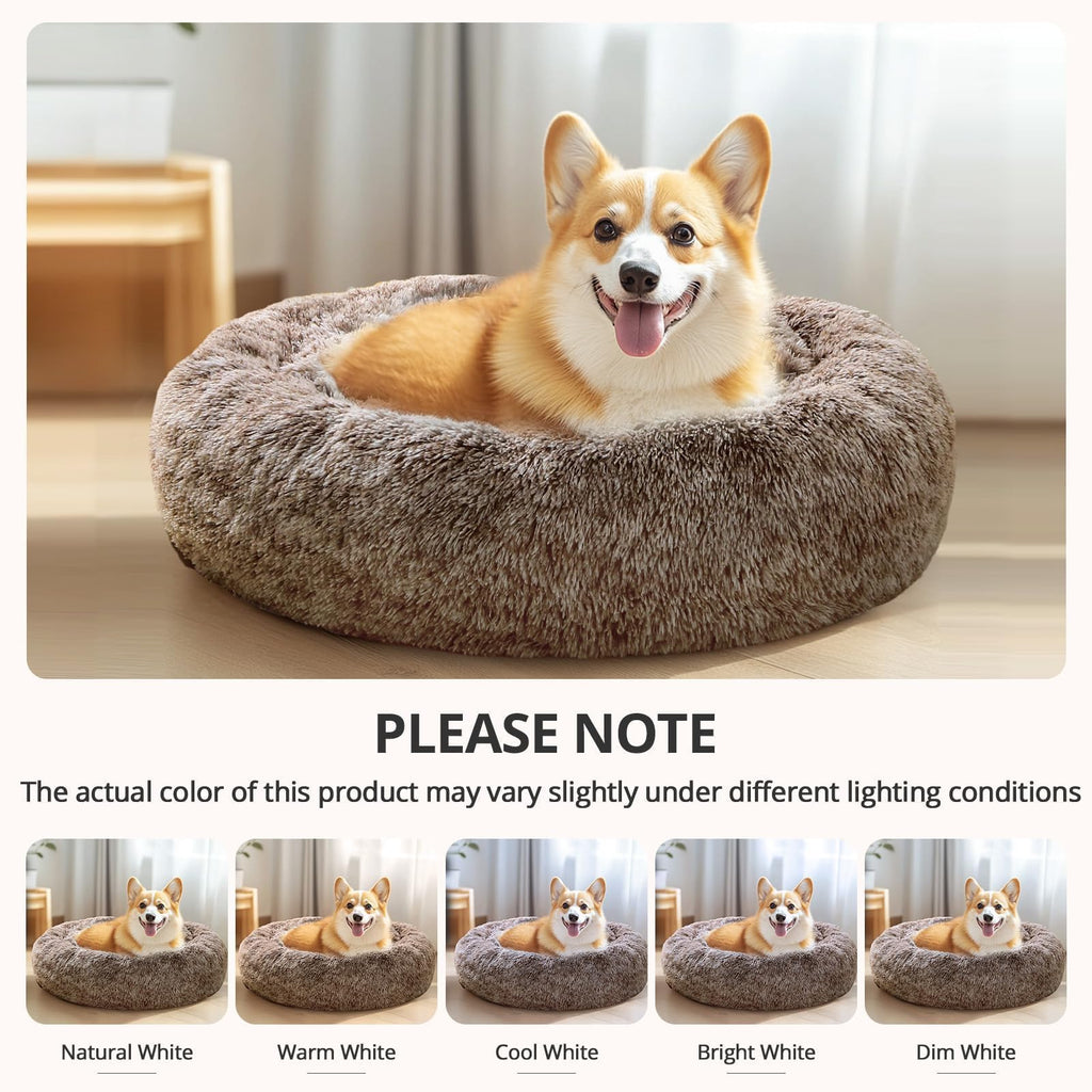 JOLLYVOGUE Calming Dog Bed Medium Size Dog, 31in Donut Washable Medium Pet Bed, Anti-Slip & Anti-Anxiety Fluffy Faux Fur Round Dogs Bed, Fits up to 45 lbs Pets (Smoke Brown)