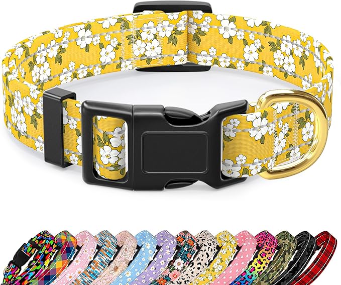TMOODEL Reflective Dog Collar for Small Dogs, Cute Flower Theme Adjustable Heavy-Duty Nylon Puppy Collar for Boy and Girl Female, Soft Pet Accessories with Quick Release Buckle, Yellow