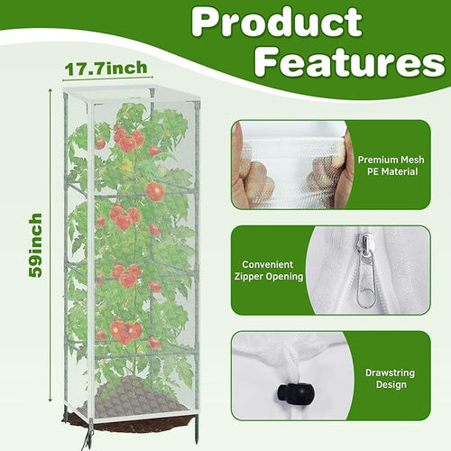3 Pack Tomato Netting for Garden Protection, 59x18x18 inches Ultra-Fine Mesh Plant Netting Cover for Square Tomato Cage, Bird,Pest & Small Animal Barrier with Zipper & Drawstring