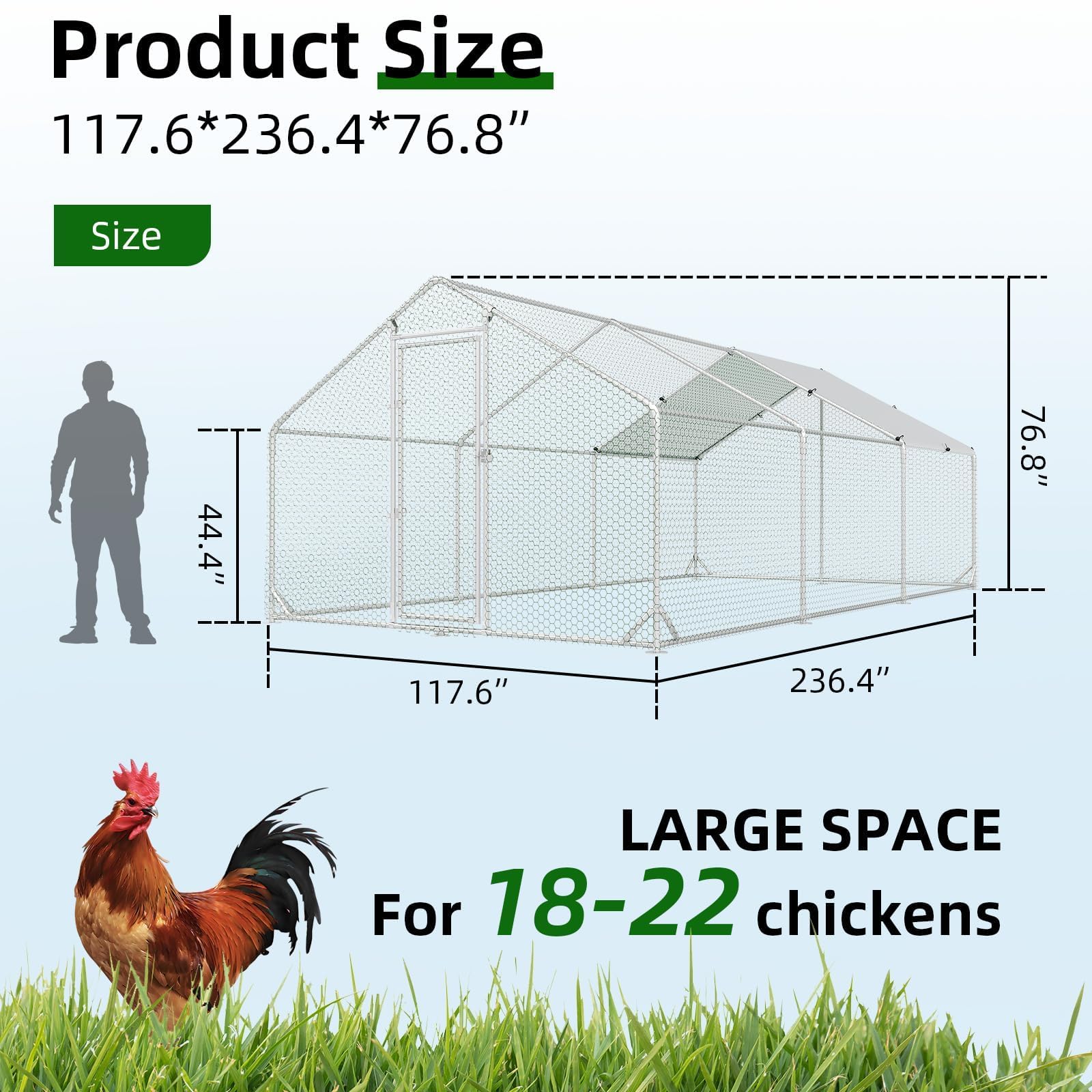 4ever2buy Metal Chicken Coop, 10x20 FT Walk-in Chicken Run Pen Poultry Cage, Water-Resistant & Anti-UV Cover, Large Chicken Coop for 18-22 Chickens