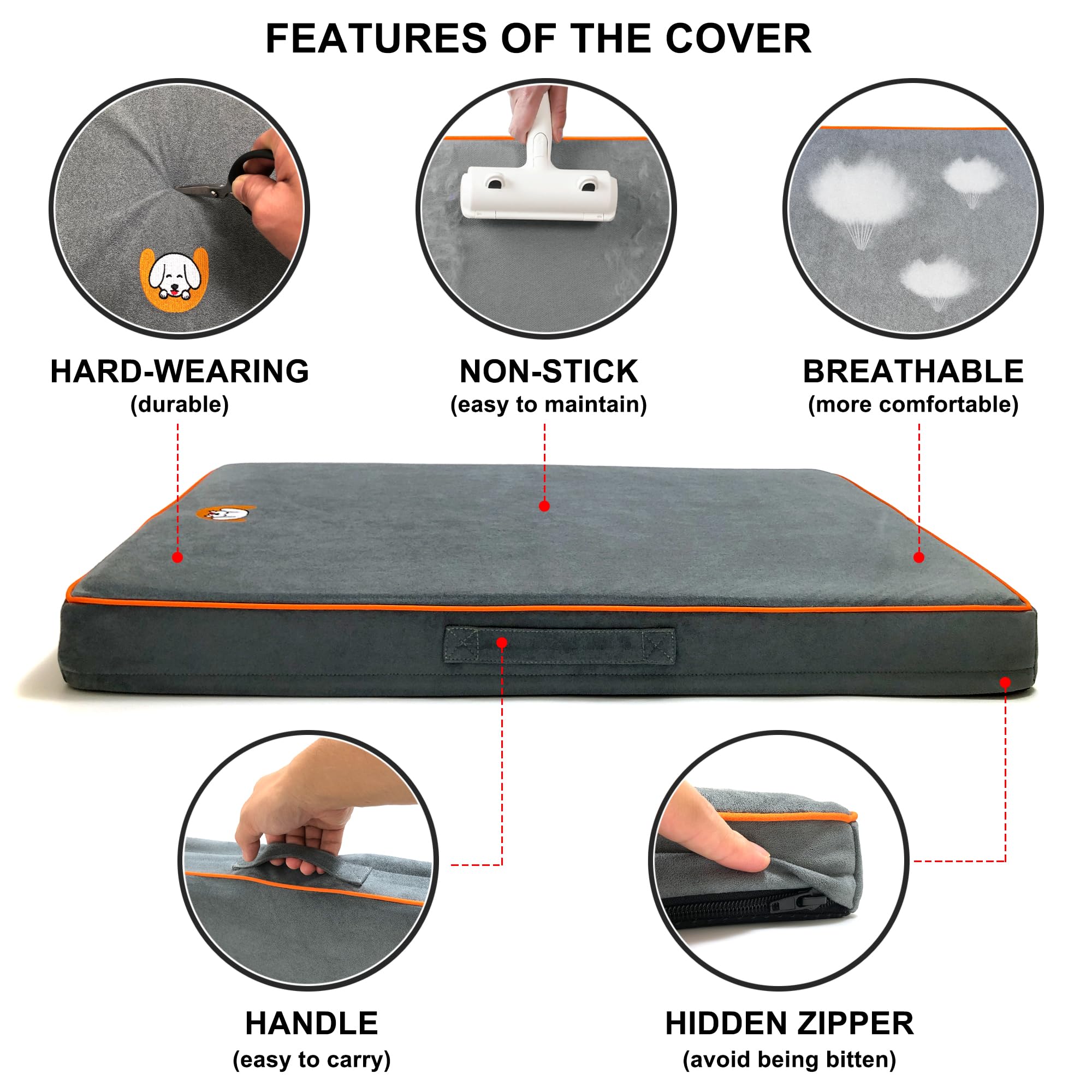 Whoopub Hard-Wearing Orthopedic Dog Bed for Crate, 47x29 Inch, Made of Memory and HR Foam, Two-Sided Use, Providing Soft and Relatively Hard Support, with an Extra Inner Waterproof Protector (Gray)
