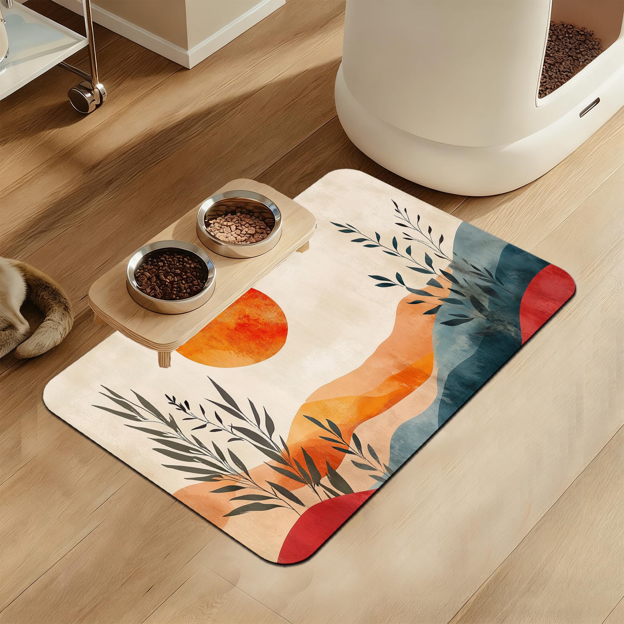 Boho Mountain Sun Pet Food Mat for Cats and Dogs–Absorbent Quick Dry Feeding Placemat, Non Slip Rubber Base, Waterproof Bowl Mat for Indoor Use, Pet Supplies 12"x20"
