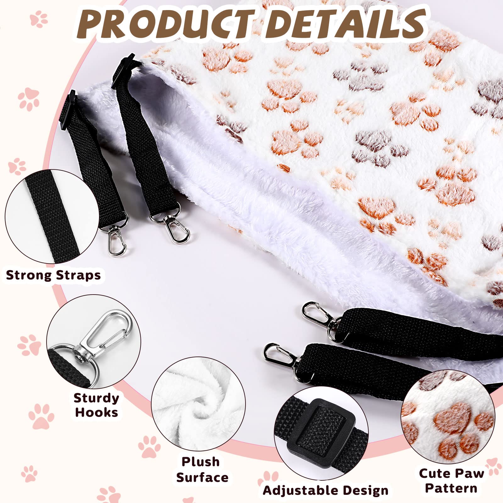 Geelin 4 Pcs Cat Hammock for Cage Soft Hanging Pet Hammock Bed with Adjustable Straps and Metal Hooks Double Sided Bed for Large & Small Cats Ferret Rat Sugar Glider(Paw,16 x 20 Inch)