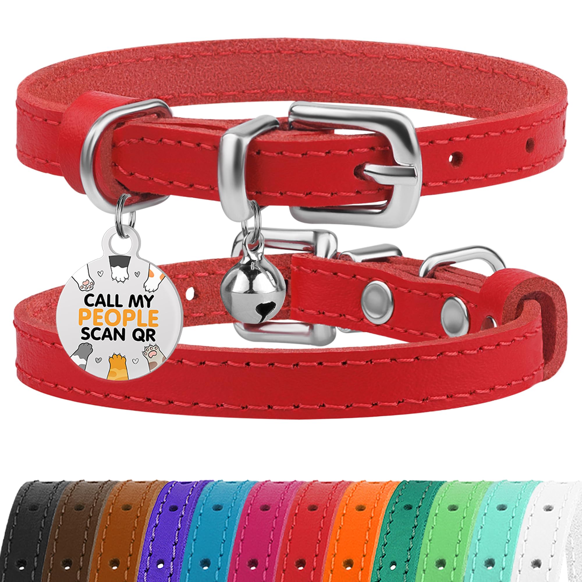 BRONZEDOG Leather Cat Collar with Removable Bells Non Breakaway Kitten QR Tag for Girl Boy (9" - 12" Cats/Mini Dogs, Red & Silver)