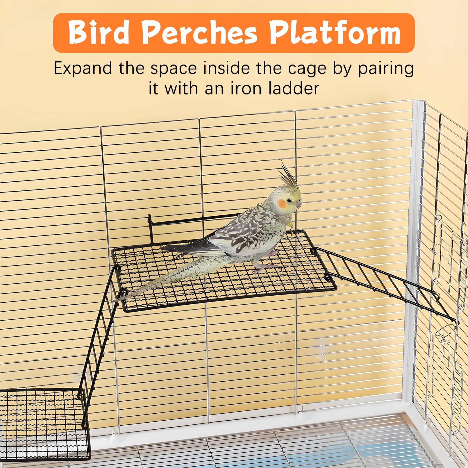 BNOSDM 4 PCS Bird Perches Platform, Stainless Steel Grid Platform for Parakeet Parrot Stand with Climbing Ladder Bird Cage Accessories for Small to Large Birds (Black)