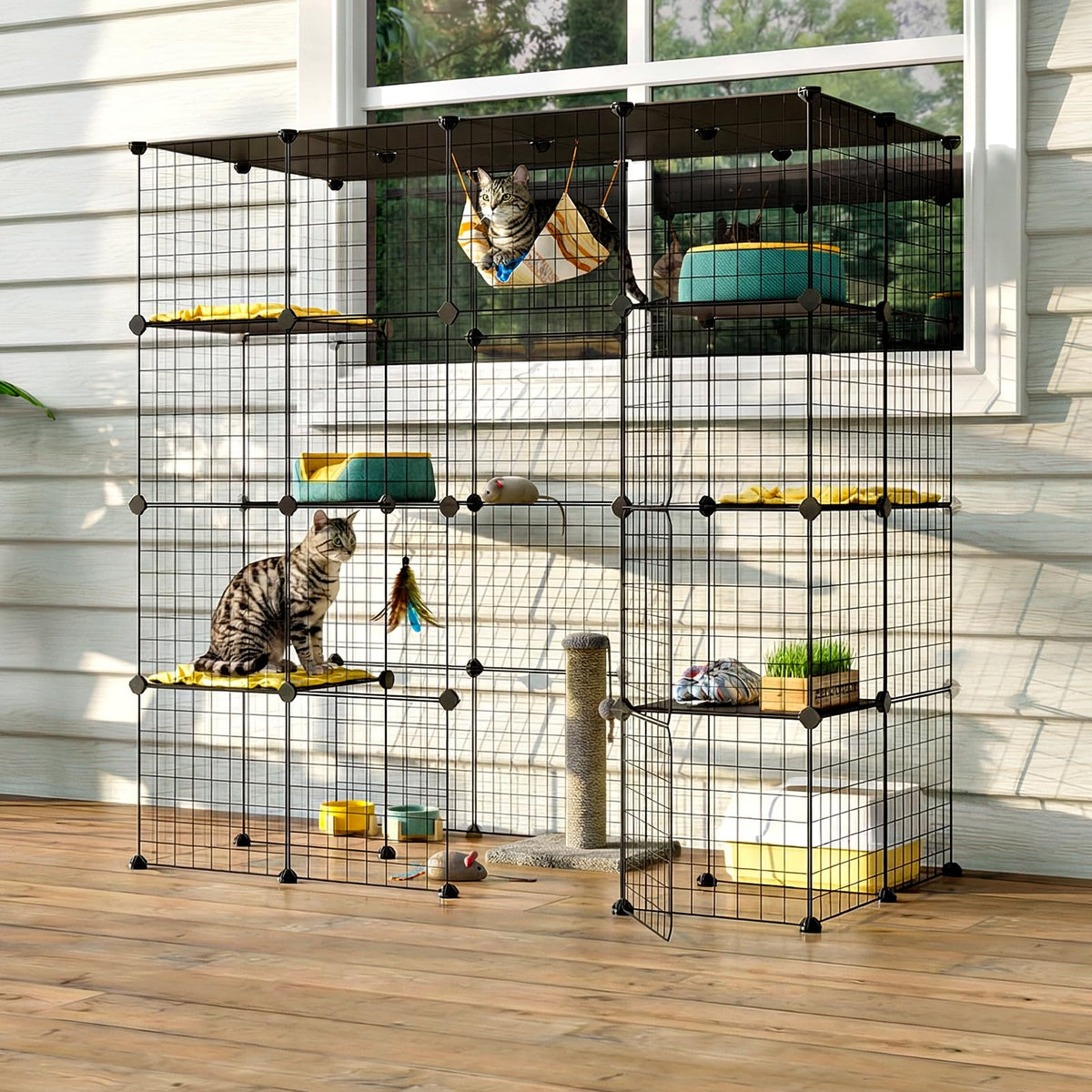 Oneluck Outdoor Cat House Cat Cages Enclosure with Super Large Enter Door, Balcony Cat Playpen with Platforms,DIY Kennels Crate Large Exercise Place Ideal for 1-3 Cats (55L x 28W x 55H)