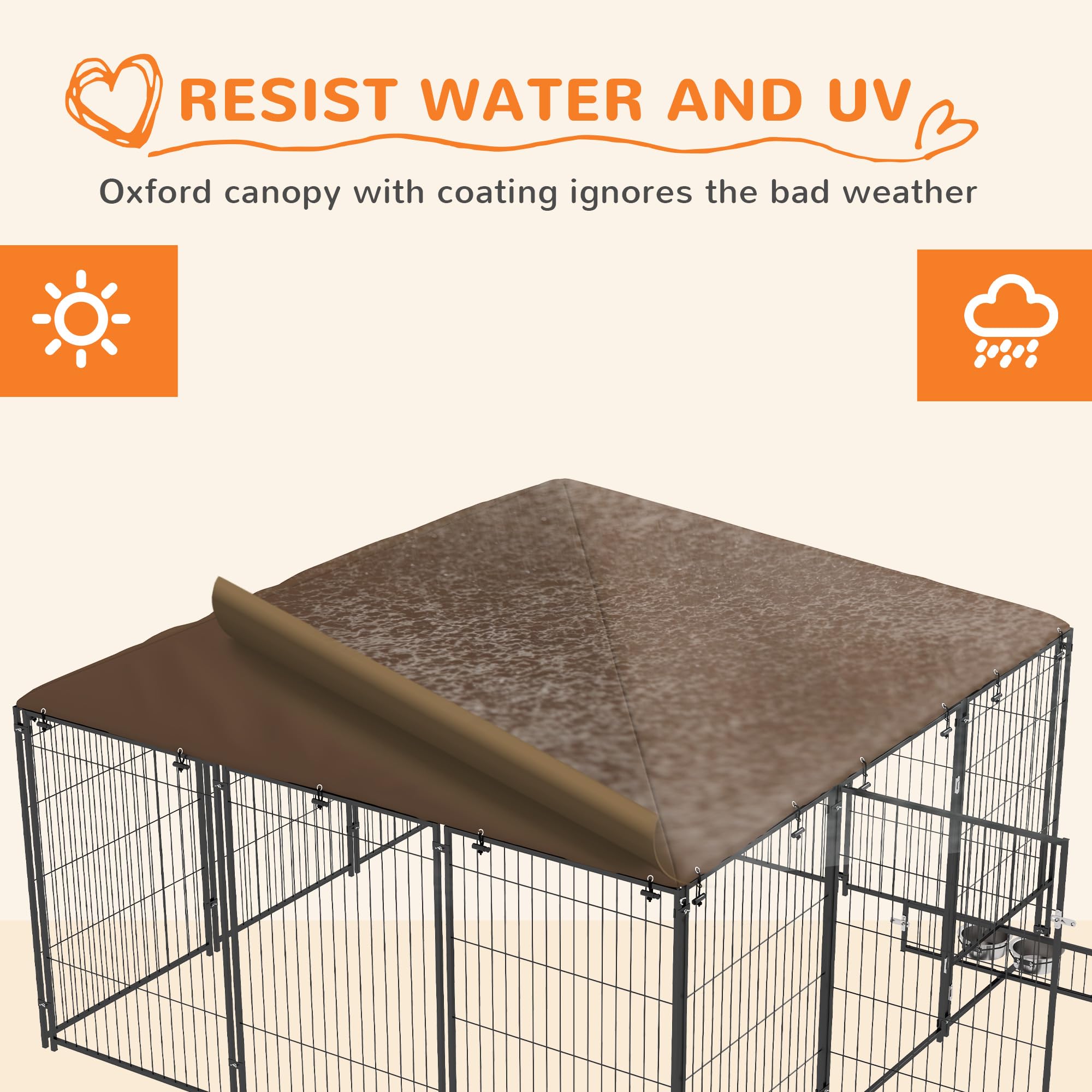 PawHut Outside Dog Kennel, 7' x 7' x 5' Puppy Play Pen with Canopy, Garden Playpen Fence Crate Enclosure Cage Rotating Bowl, for Dogs, Chickens, Ducks, Black