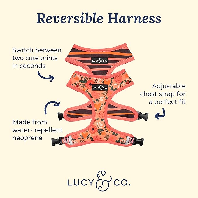 Lucy & Co. Reversible Dog Harness - Water-Repellent Neoprene, Dual-Print Design, Easy Swap Style, Adjustable Comfort Fit - Posy Pink Reversible Harness - X-Small