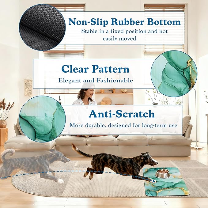 Green Marble Pet Feeding Mat for Floors–Absorbent Quick Dry Dog Cat Bowl Mat for Food and Water, Non Slip Waterproof Base, Mess-Free Feeding Accessories 16"x24"