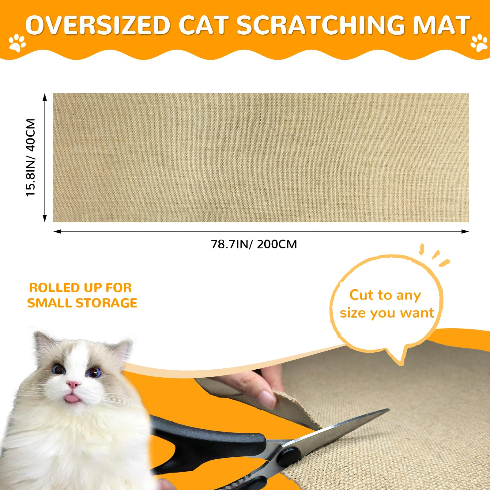 Jute 78.7"x15.8" Trimmable Cat Scratching Mat for Furniture Protector,Versatile Self-Adhesive Anti Cat Scratch Pad for Couch Protection&Cat Scratcher Tree/Post/Wall/Board/Twine Replacement