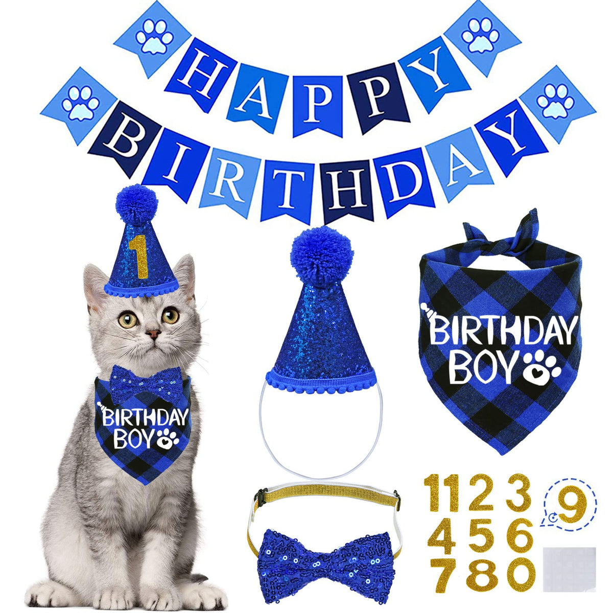 STMK Cat Birthday Party Supplies, Cat Birthday Hat Bandana Bow Tie Collar Number Banner Garland Meow Letter Balloons for Cats Kitten Outfits Decorations (Pink)