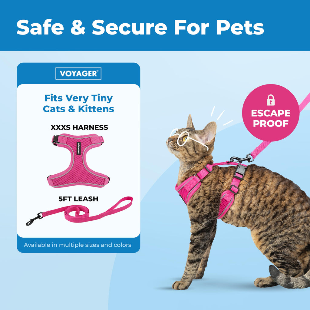 Voyager Escape-Proof Step-in Lock Cat Harness & 5ft Neoprene-Handle Leash Set All-Weather Mesh with Reflective Stitching for Small to Large Cats by Best Pet Supplies, Fuchsia (327), XXXS