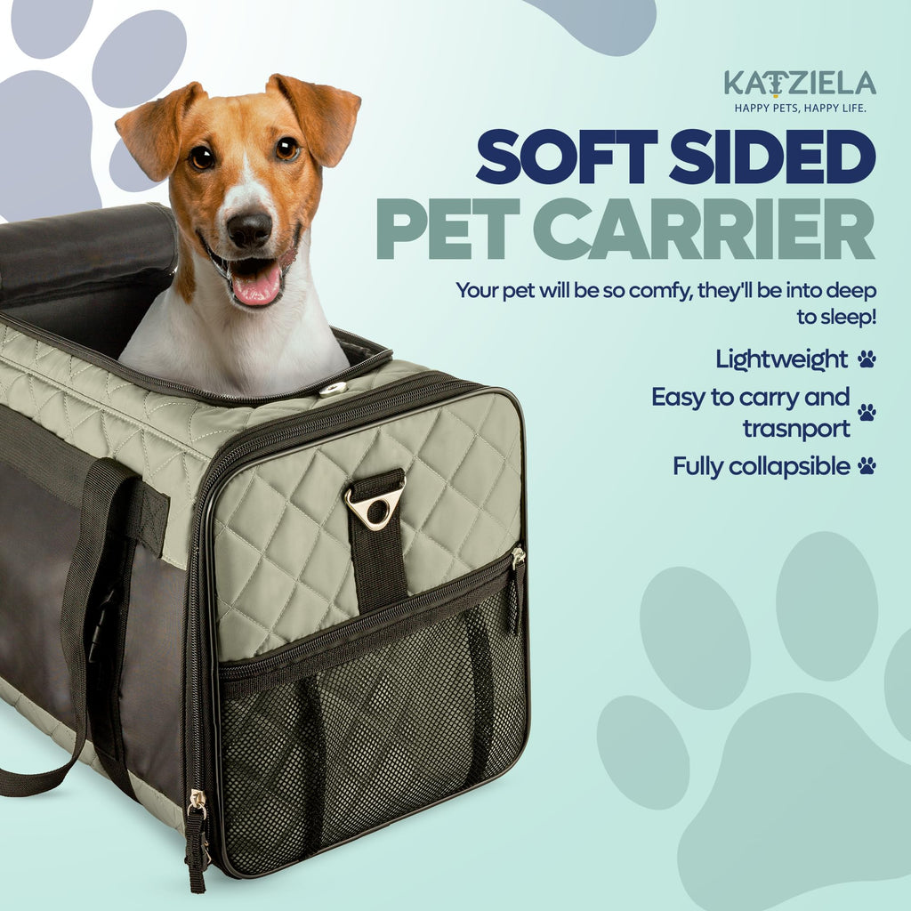 Deluxe Quilted Airline Approved Pet Dog & Cat Carrier for Airplane Travel - by Katziela (Large, Gray)