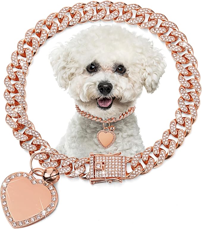 Hillban Dog Chain Gold-Plated Diamond Collar with Heart Rhinestones Jewelry Pet ID Tag Chain Bling Puppy Collar with Personalized Name Tag for Small Medium Large Dog Cat(Rose Gold,14 Inch)