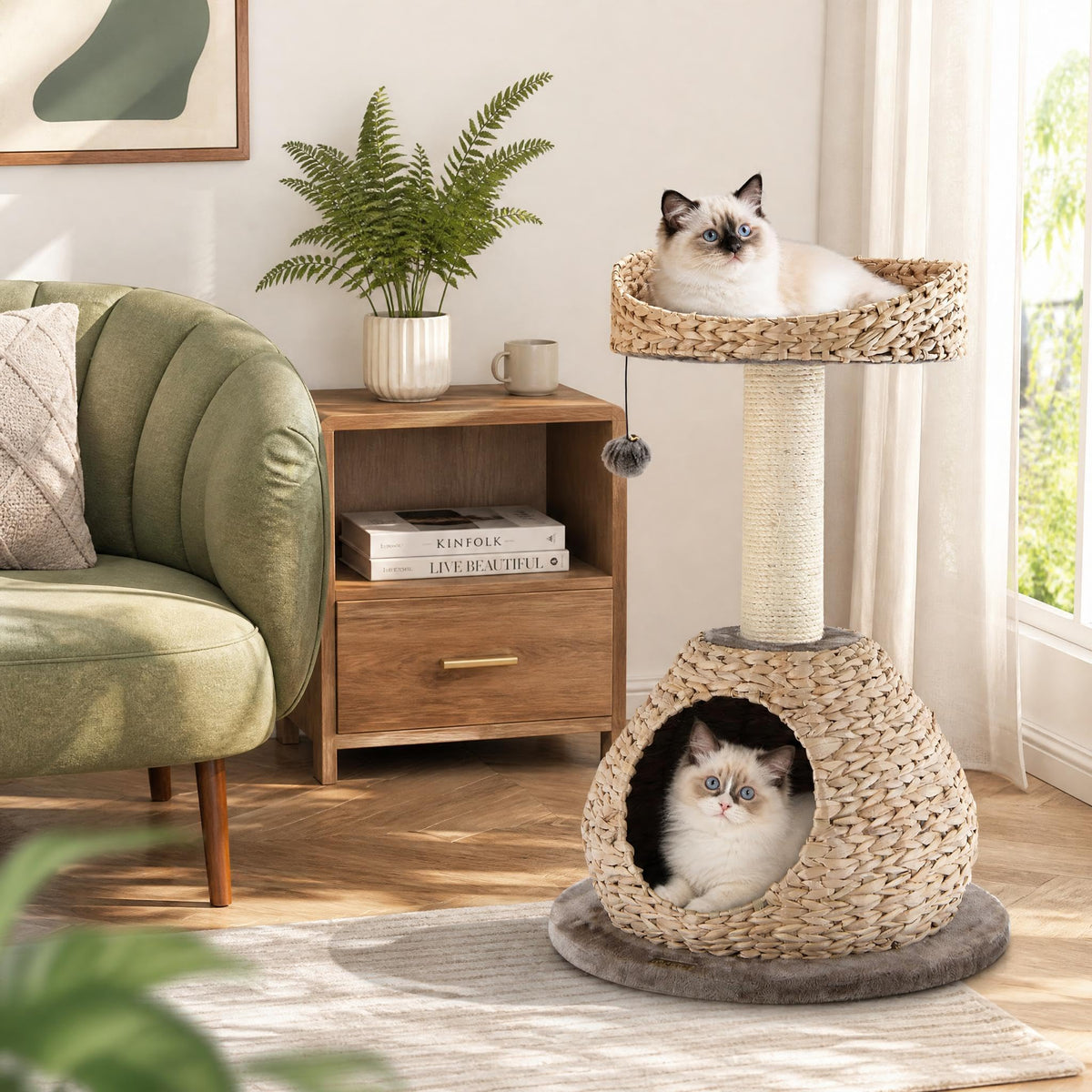 PETSITE 28-inch Modern Cat Tree, Small Cute Cat Tower Sisal Scratching Post, Hand-Made Wicker Condo and Top Perch, Interative Dangling Ball, Ideal for Indoor Cats