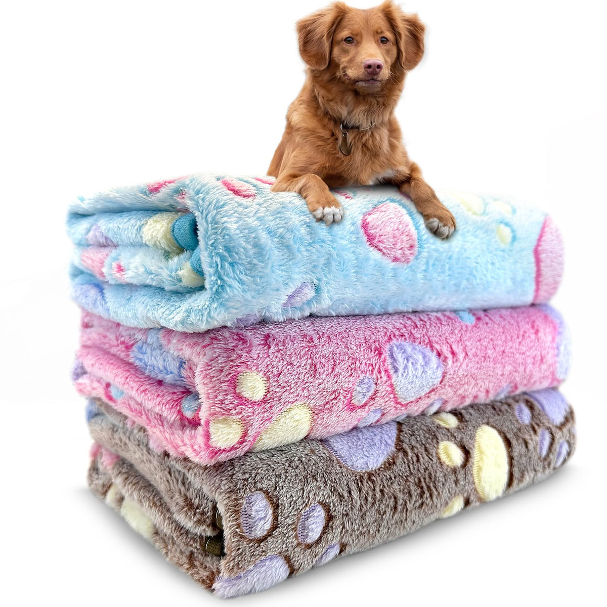 Dog Blankets for Large Dogs, 3 Pcs Dog Blanket Washable, Soft Fluffy Flannel Pet Blanket Mat Cover for Bed Couch, Cute Print Puppy Blanket 60" x 50"