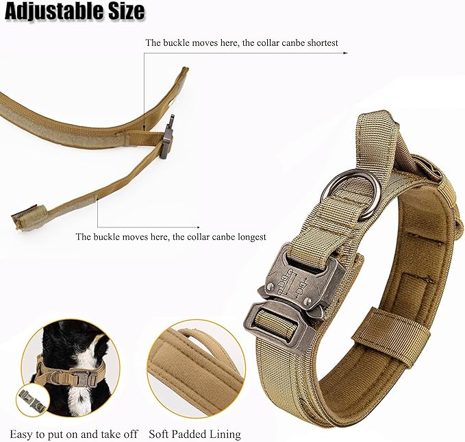 Tactical Dog Collar, Adjustable Military Training Nylon Dog Collar with Control Handle and Heavy Quick-Release Metal Buckle for Small Medium Large Dogs, Brown XXL