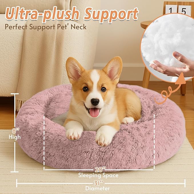 JOLLYVOGUE Calming Dog Bed Medium Size Dog, 31in Donut Washable Medium Pet Bed, Anti-Slip & Anti-Anxiety Fluffy Faux Fur Round Dogs Bed, Fits up to 45 lbs Pets (Dark Pink)