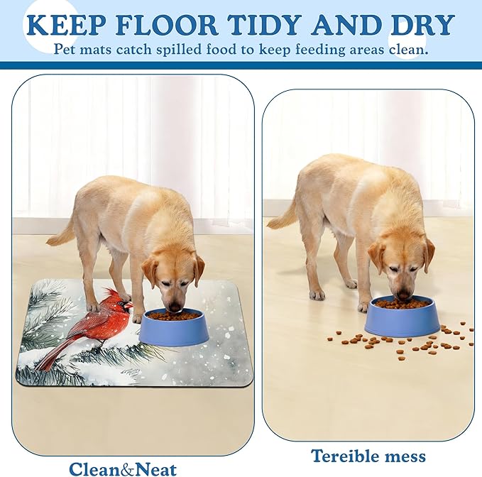 Cardinal Bird Dog Food Mat–Chirstmas Snow Absorbent Quick Dry Feeding Placemat for Food and Water Bowls, Non Slip Rubber Backing, Waterproof Pet Supplies for Mess-Free Eating 16"x24"
