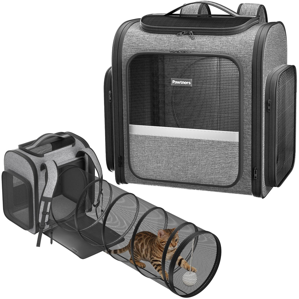 Pawtners Cat Backpack with Play Tunnel, Design for Carrying Playing Grey