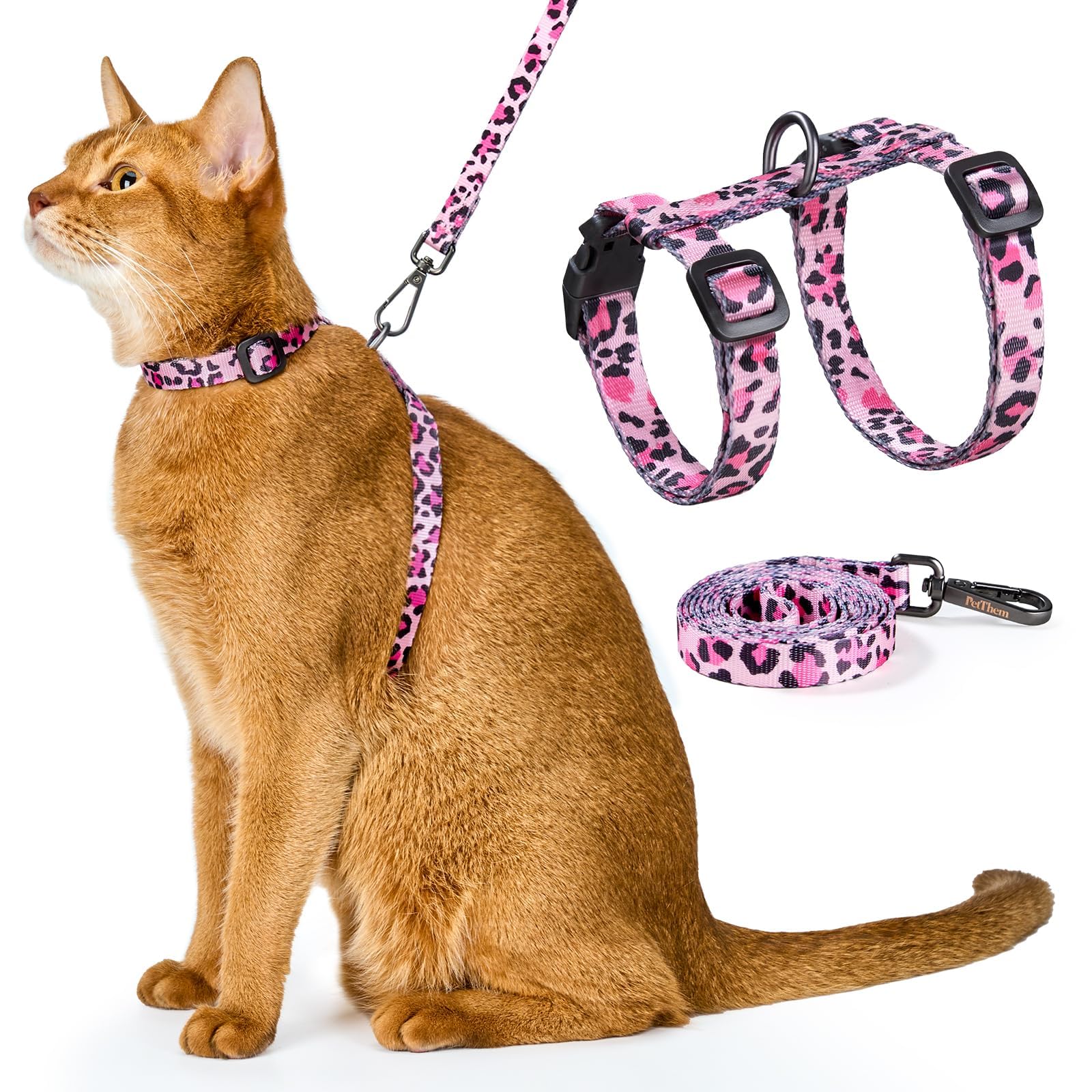 PetThem Adjustable Cat Harness and Leash Set Escape Proof (Pink)